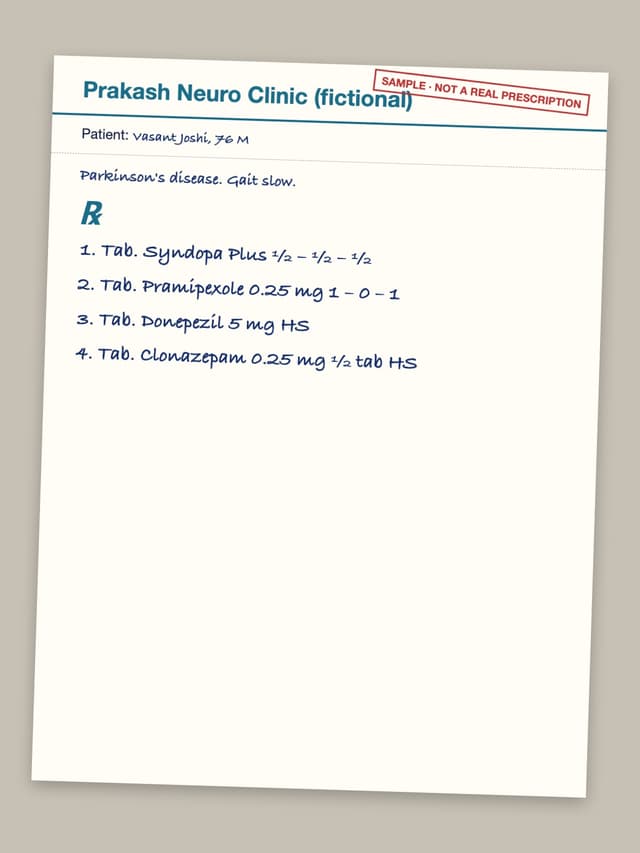 Test prescription rx-10: Tab. Syndopa Plus ½ – ½ – ½; Tab. Pramipexole 0.25 mg 1 – 0 – 1; Tab. Donepezil 5 mg HS; Tab. Clonazepam 0.25 mg ½ tab HS
