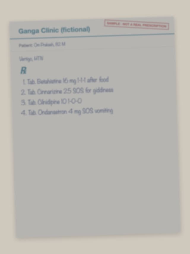 Test prescription rx-16: Tab. Betahistine 16 mg 1-1-1 after food; Tab. Cinnarizine 25 SOS for giddiness; Tab. Cilnidipine 10 1-0-0; Tab. Ondansetron 4 mg SOS vomiting