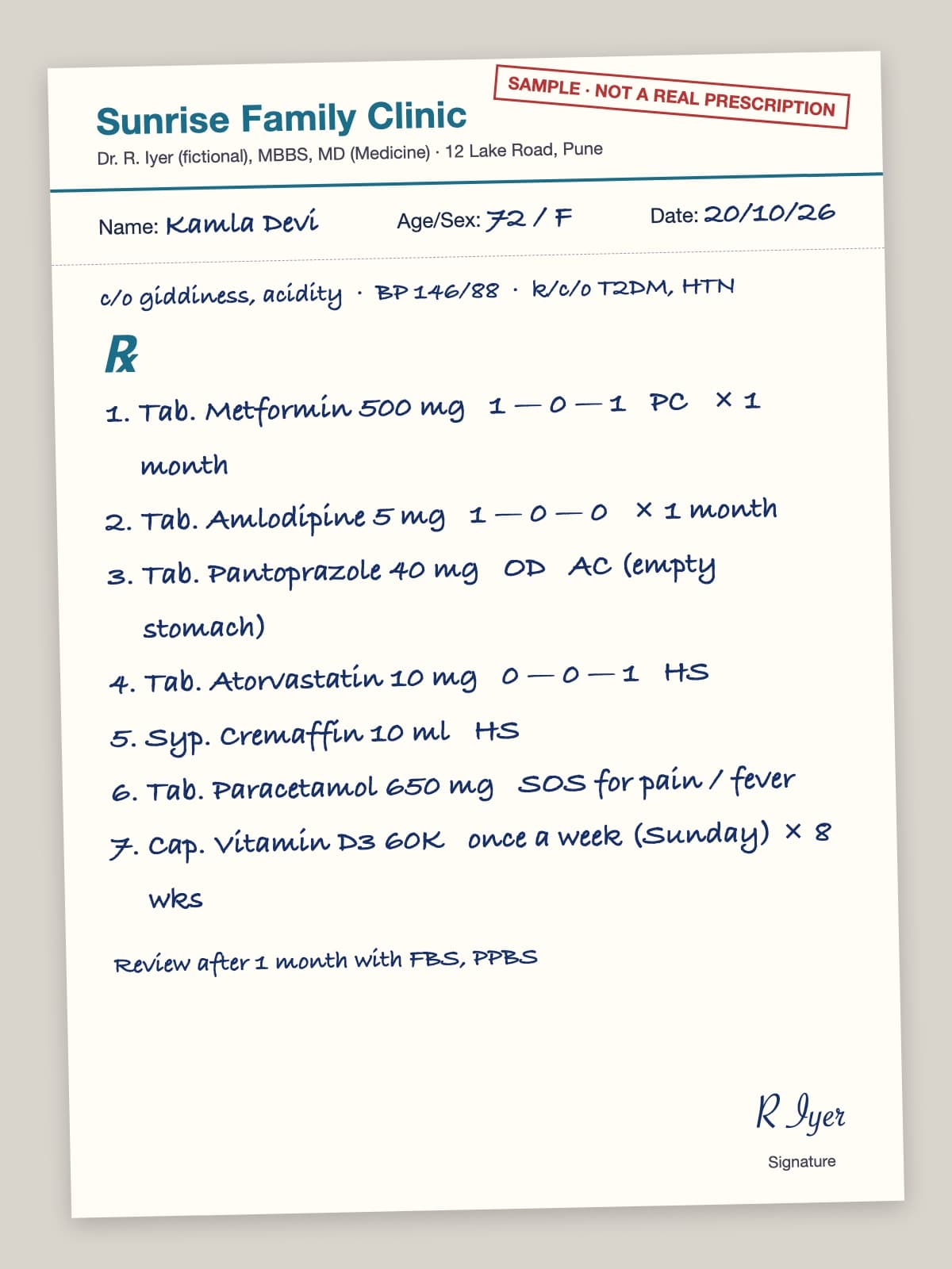 A handwritten-style sample prescription listing seven medicines in shorthand such as 1-0-1, OD, HS and SOS