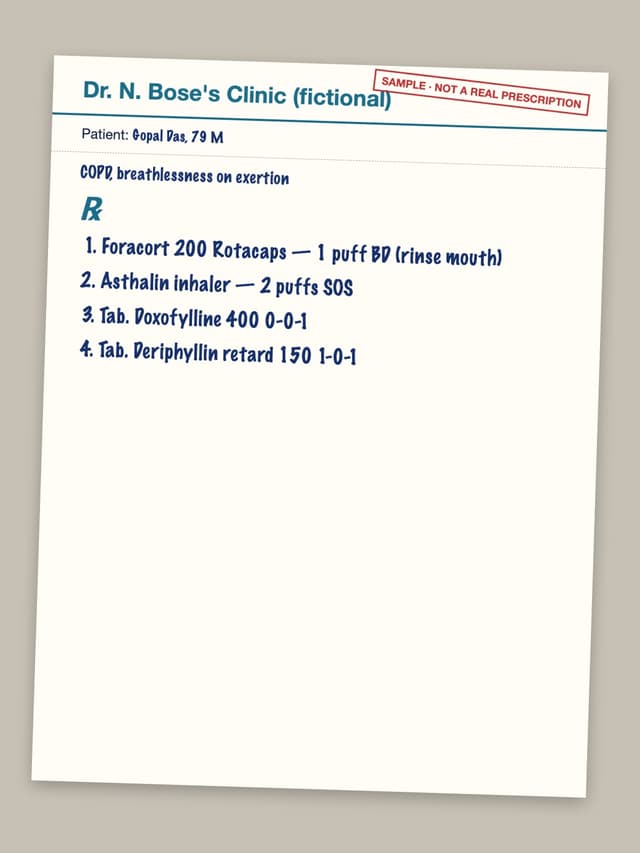 Test prescription rx-05: Foracort 200 Rotacaps — 1 puff BD (rinse mouth); Asthalin inhaler — 2 puffs SOS; Tab. Doxofylline 400 0-0-1; Tab. Deriphyllin retard 150 1-0-1