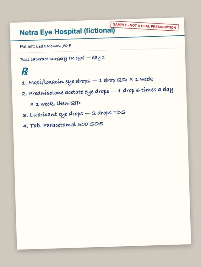 Test prescription rx-06: Moxifloxacin eye drops — 1 drop QID × 1 week; Prednisolone acetate eye drops — 1 drop 6 times a day × 1 week, then QID; Lubricant eye drops — 2 drops TDS; Tab. Paracetamol 500 SOS
