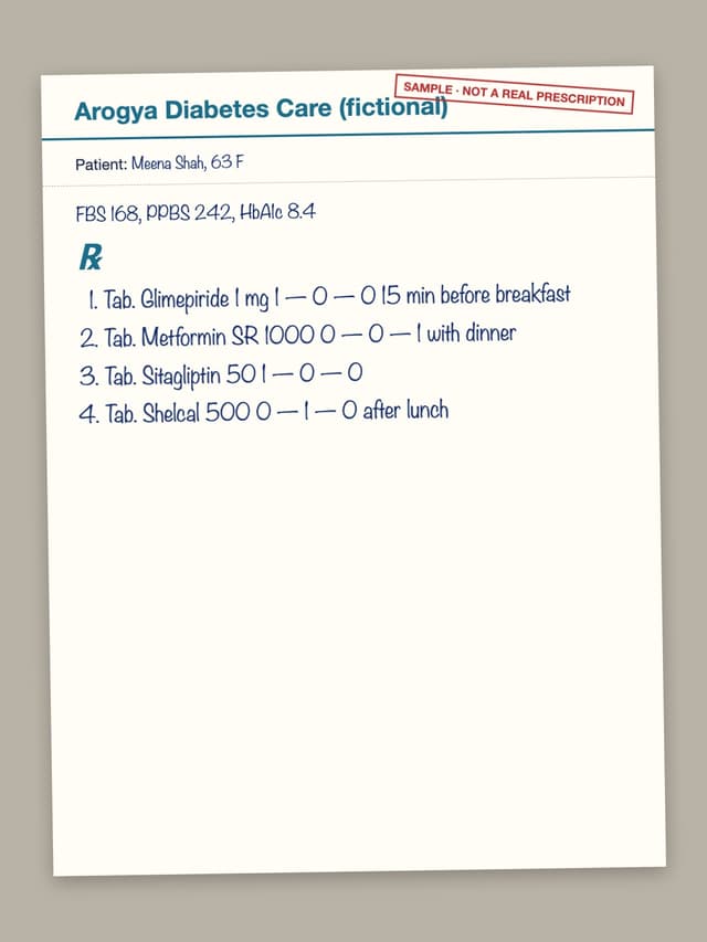 Test prescription rx-07: Tab. Glimepiride 1 mg 1 — 0 — 0 15 min before breakfast; Tab. Metformin SR 1000 0 — 0 — 1 with dinner; Tab. Sitagliptin 50 1 — 0 — 0; Tab. Shelcal 500 0 — 1 — 0 after lunch