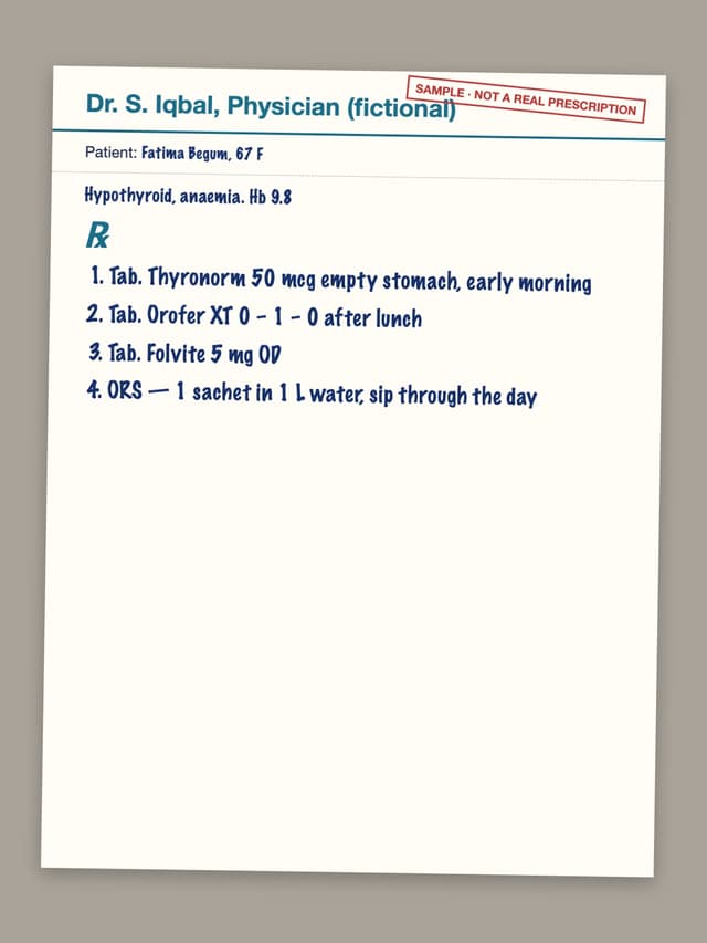 Test prescription rx-09: Tab. Thyronorm 50 mcg empty stomach, early morning; Tab. Orofer XT 0 – 1 – 0 after lunch; Tab. Folvite 5 mg OD; ORS — 1 sachet in 1 L water, sip through the day