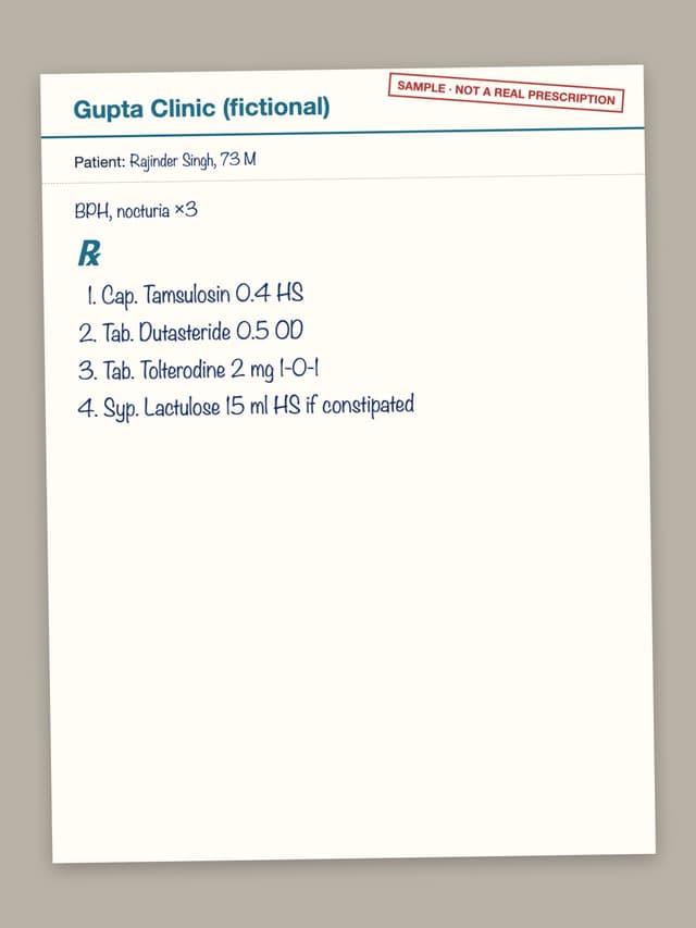 Test prescription rx-12: Cap. Tamsulosin 0.4 HS; Tab. Dutasteride 0.5 OD; Tab. Tolterodine 2 mg 1-0-1; Syp. Lactulose 15 ml HS if constipated