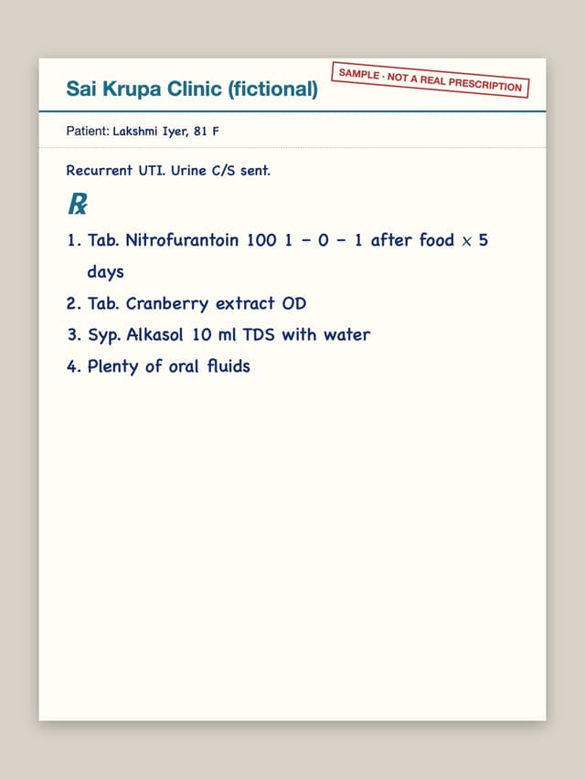 Test prescription rx-13: Tab. Nitrofurantoin 100 1 – 0 – 1 after food × 5 days; Tab. Cranberry extract OD; Syp. Alkasol 10 ml TDS with water; Plenty of oral fluids