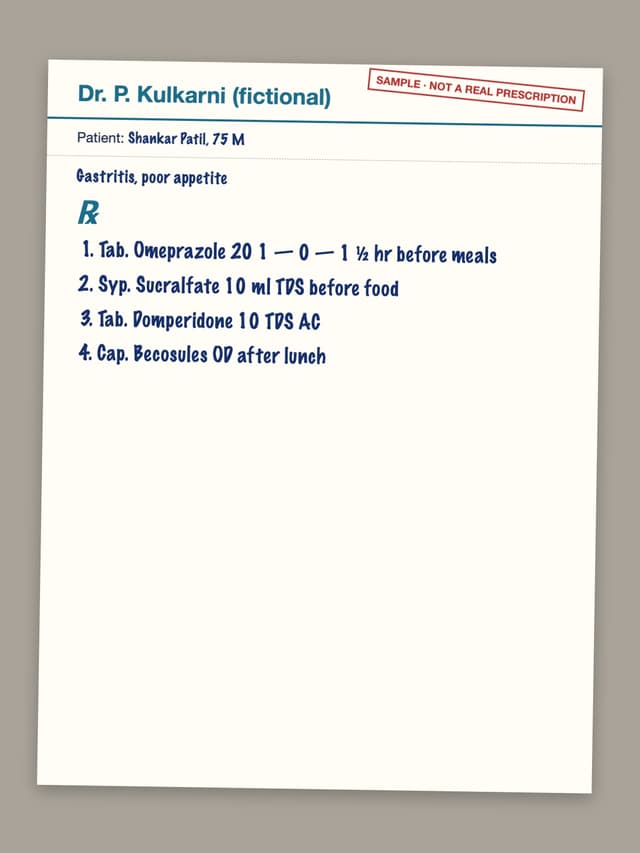 Test prescription rx-14: Tab. Omeprazole 20 1 — 0 — 1 ½ hr before meals; Syp. Sucralfate 10 ml TDS before food; Tab. Domperidone 10 TDS AC; Cap. Becosules OD after lunch