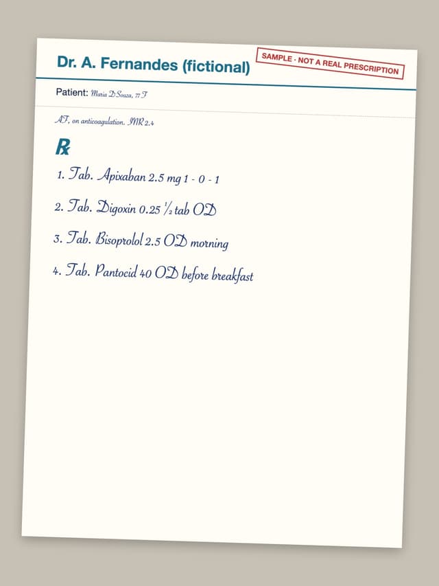 Test prescription rx-15: Tab. Apixaban 2.5 mg 1 - 0 - 1; Tab. Digoxin 0.25 ½ tab OD; Tab. Bisoprolol 2.5 OD morning; Tab. Pantocid 40 OD before breakfast