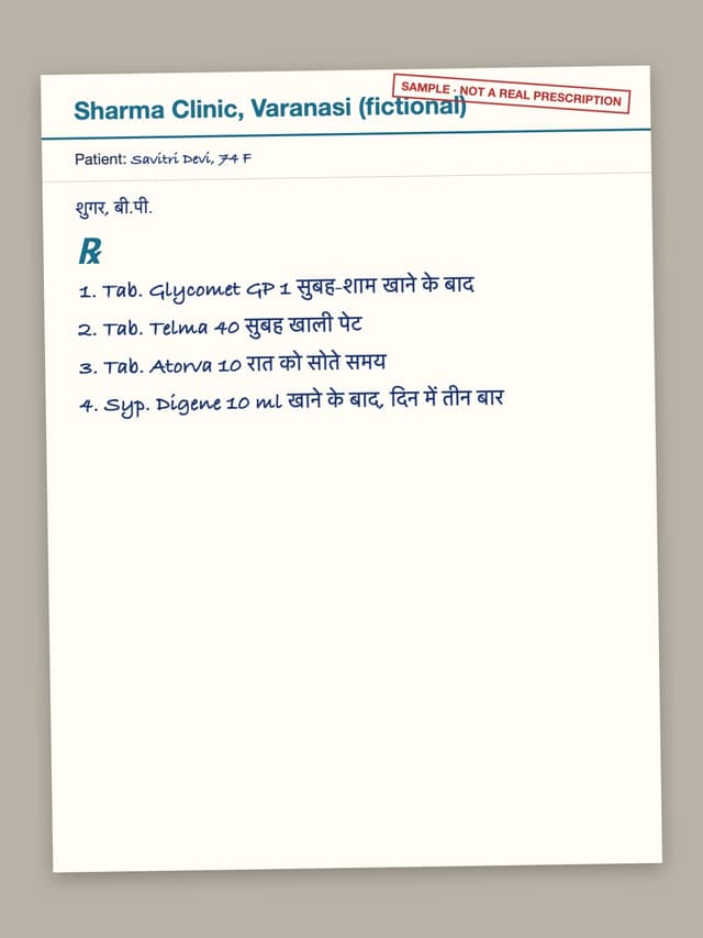 Test prescription rx-17: Tab. Glycomet GP 1 सुबह-शाम खाने के बाद; Tab. Telma 40 सुबह खाली पेट; Tab. Atorva 10 रात को सोते समय; Syp. Digene 10 ml खाने के बाद, दिन में तीन बार